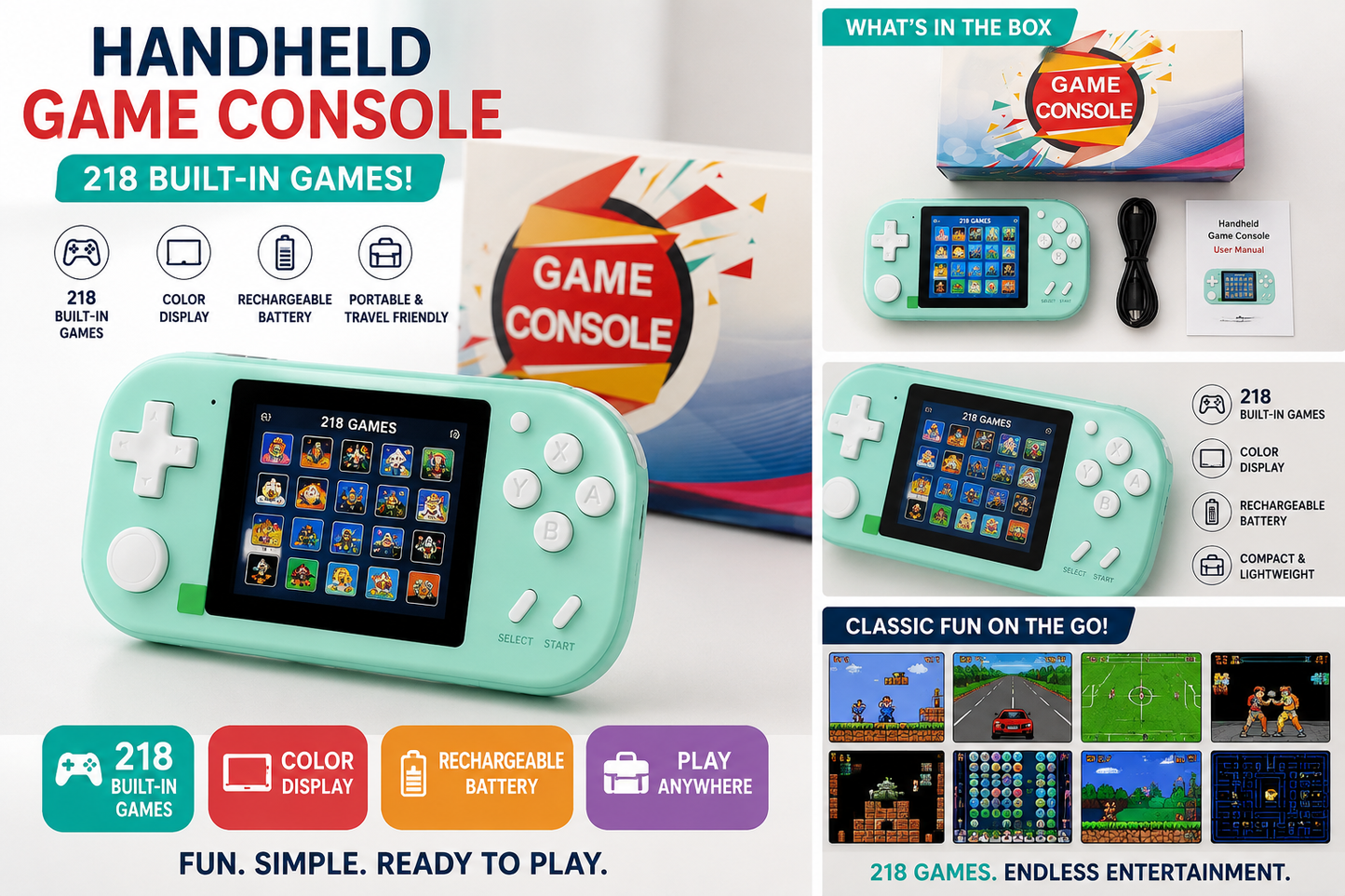 Portable Handheld Game Console – 218 Built-In Games – Mint Green