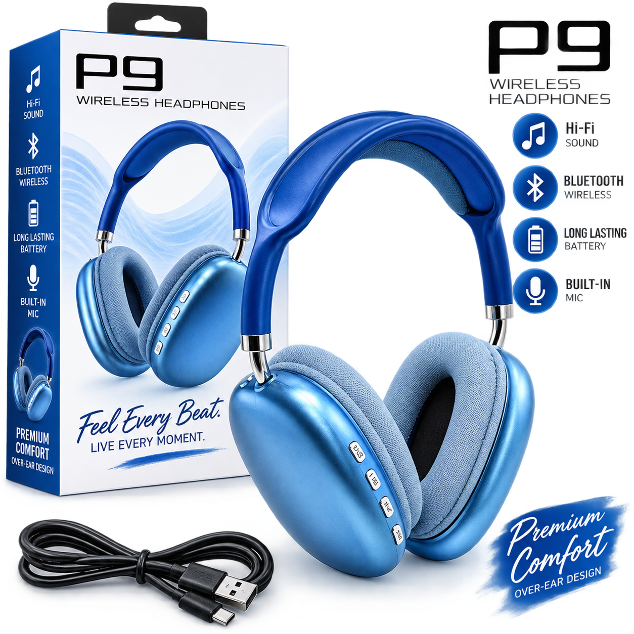 P9 Wireless Bluetooth Over-Ear Headphones – Hi-Fi Sound & Built-In Mic