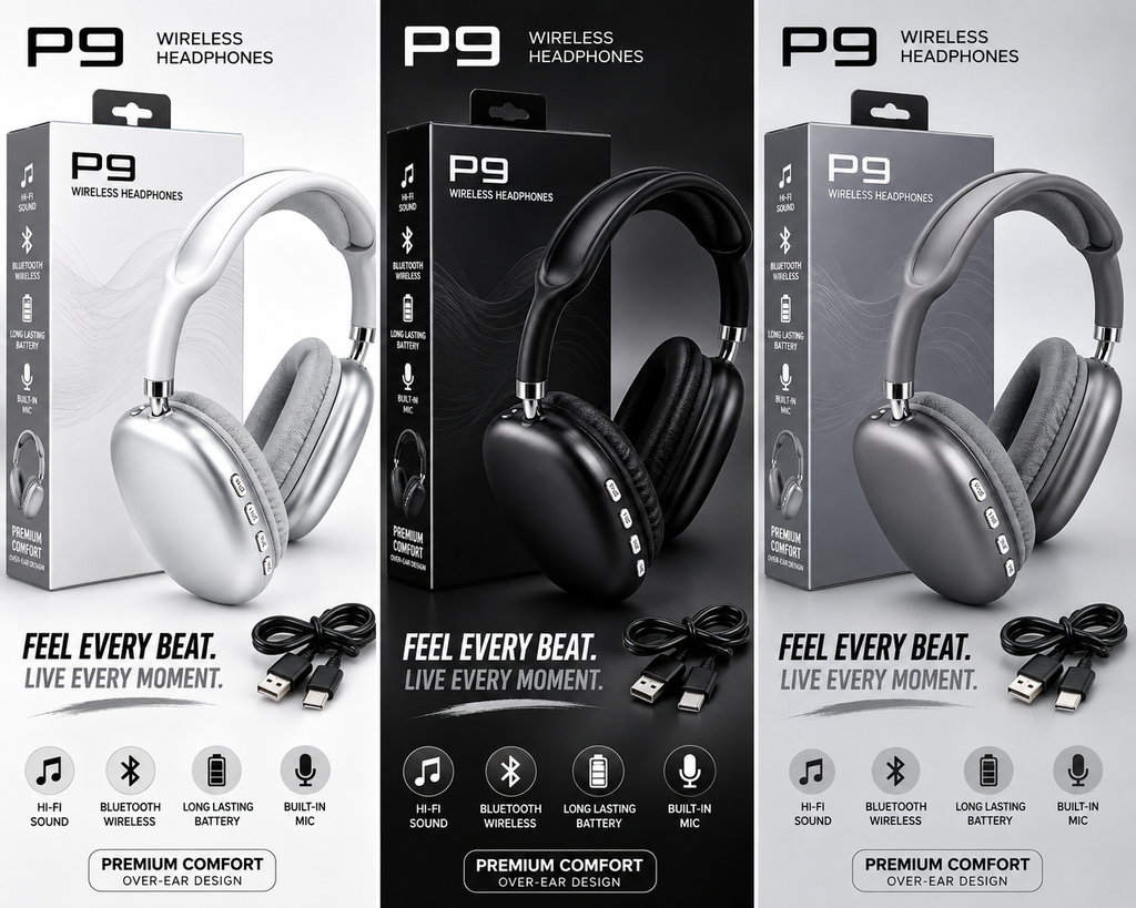 P9 Wireless Bluetooth Over-Ear Headphones – Hi-Fi Sound & Built-In Mic