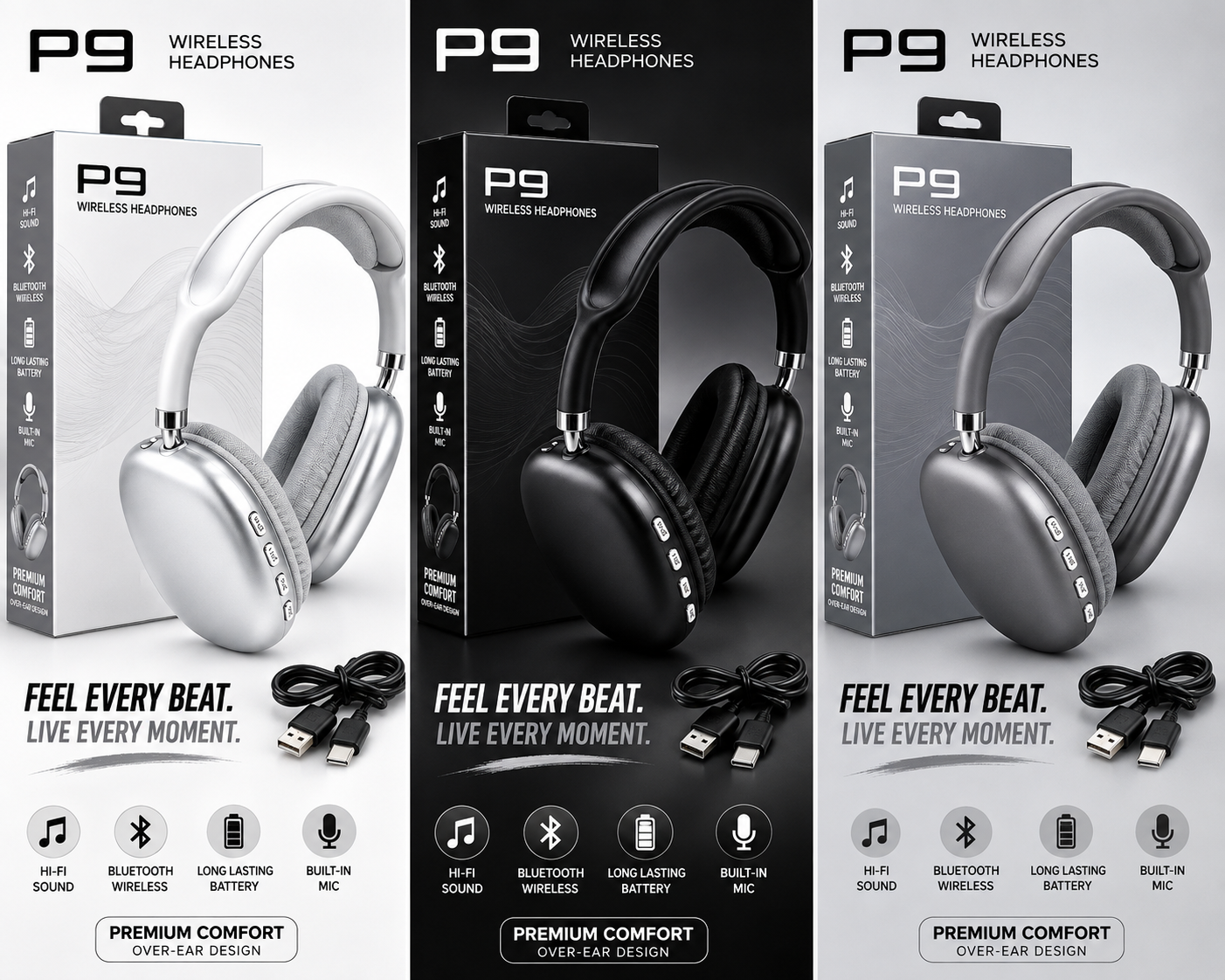 P9 Wireless Bluetooth Over-Ear Headphones – Hi-Fi Sound & Built-In Mic