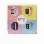 dealman Macaron Color smart watch packaging showing white, yellow, black, and blue fitness tracker color options