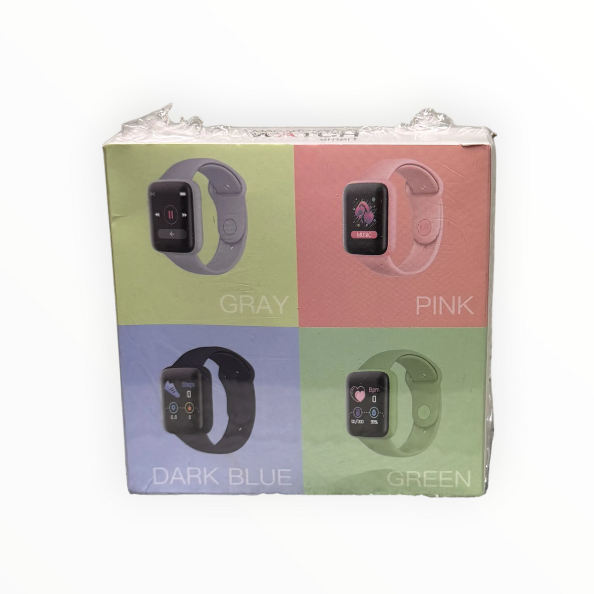 dealman Macaron Color Smart Watch packaging showing gray, pink, dark blue, and green fitness tracker options