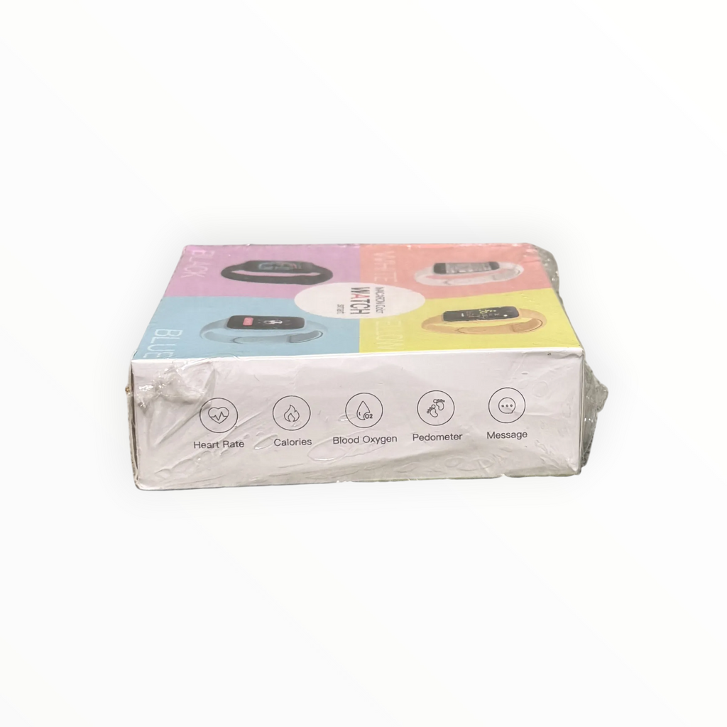 dealman Macaron Color smart watch packaging box showing fitness tracking icons for heart rate and blood oxygen