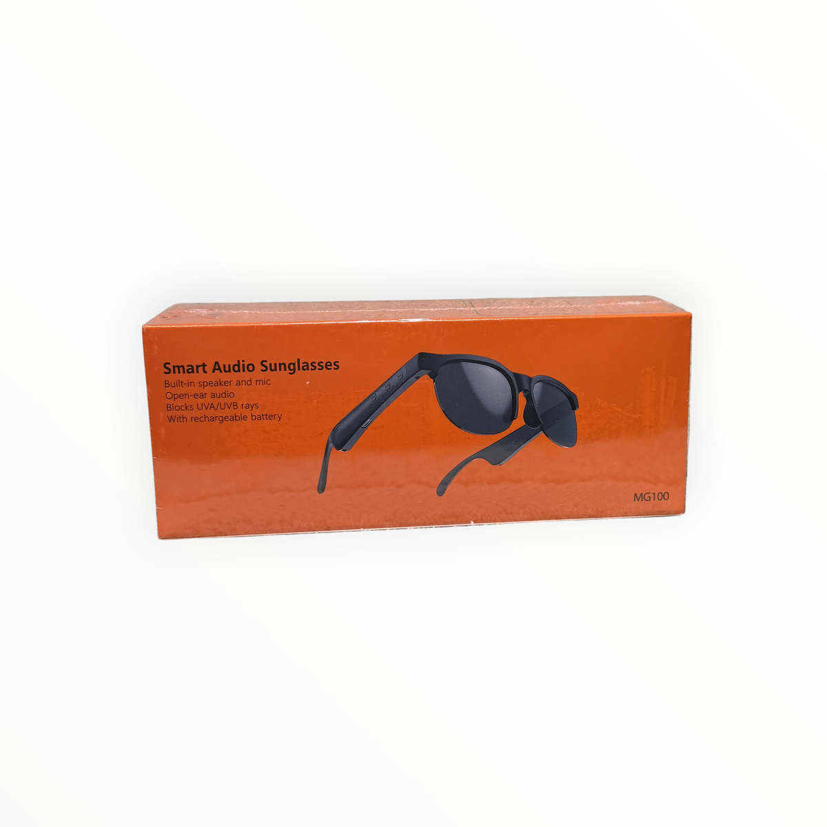 dealman MG100 smart audio sunglasses in orange retail packaging featuring open-ear Bluetooth technology