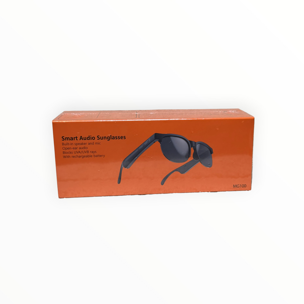 dealman MG100 smart audio sunglasses in orange retail packaging with built-in speakers and UV protection