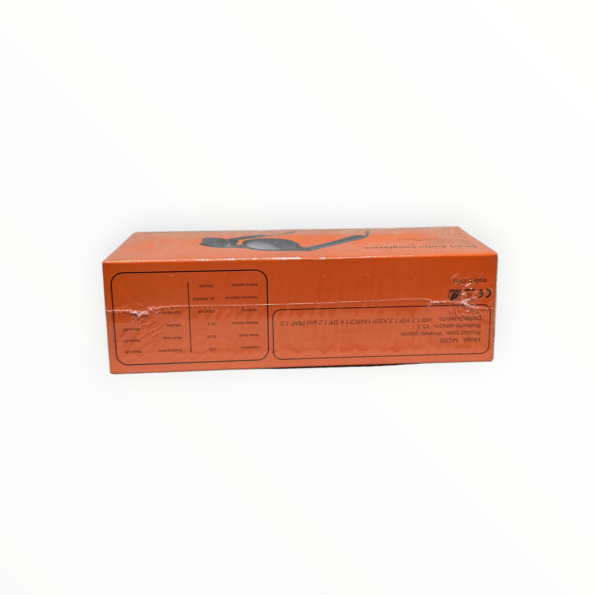 dealman MG100 smart audio sunglasses packaging box showing technical specifications and Bluetooth 5.3 features
