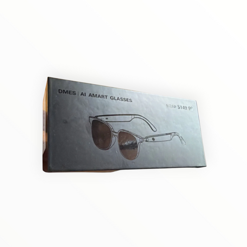 dealman DMES AI smart glasses packaging box featuring a graphic of black wireless audio eyewear with dark lenses