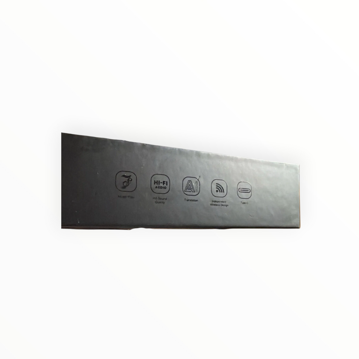 dealman DMES AI smart glasses packaging showing icons for Hi-Fi audio, translation, wireless design, and USB-C charging