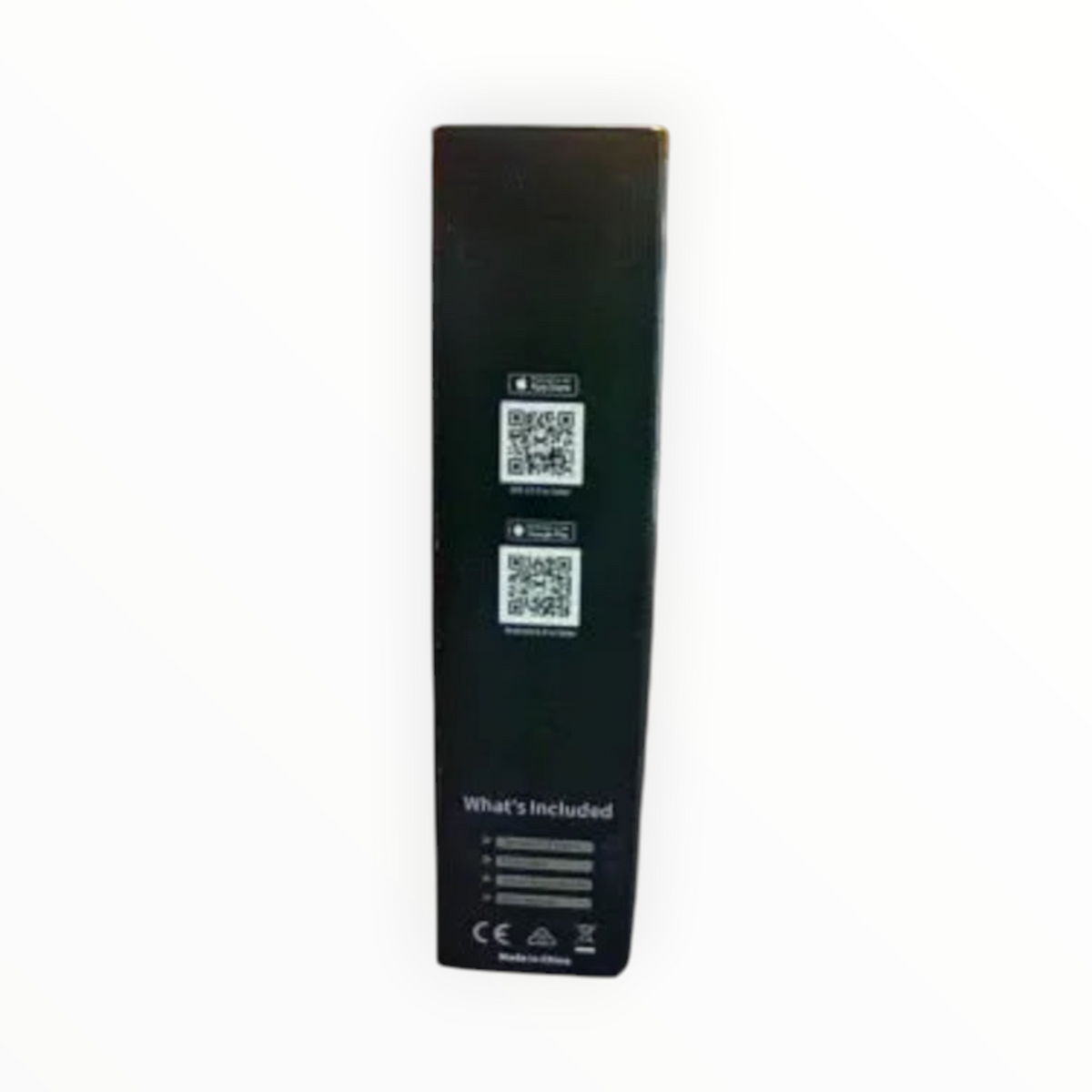 Side view of the black packaging box for the dealman VIRMGE Tempo VT3 smart watch featuring app download QR codes.