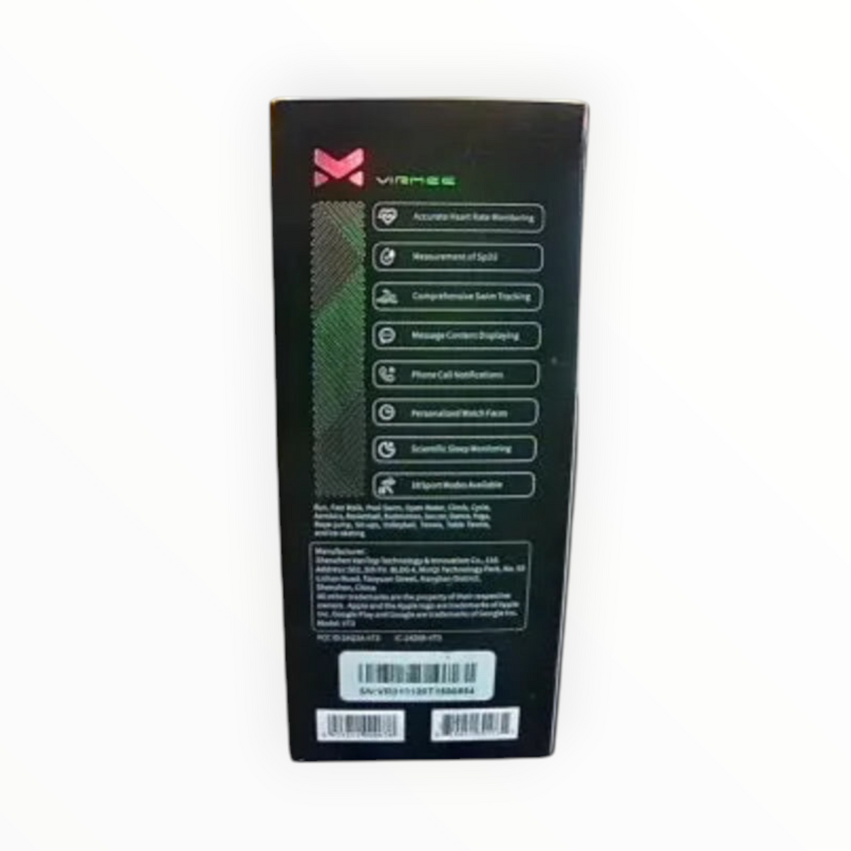 dealman VIRMGE Tempo VT3 smart watch packaging box showing list of health and fitness tracking features