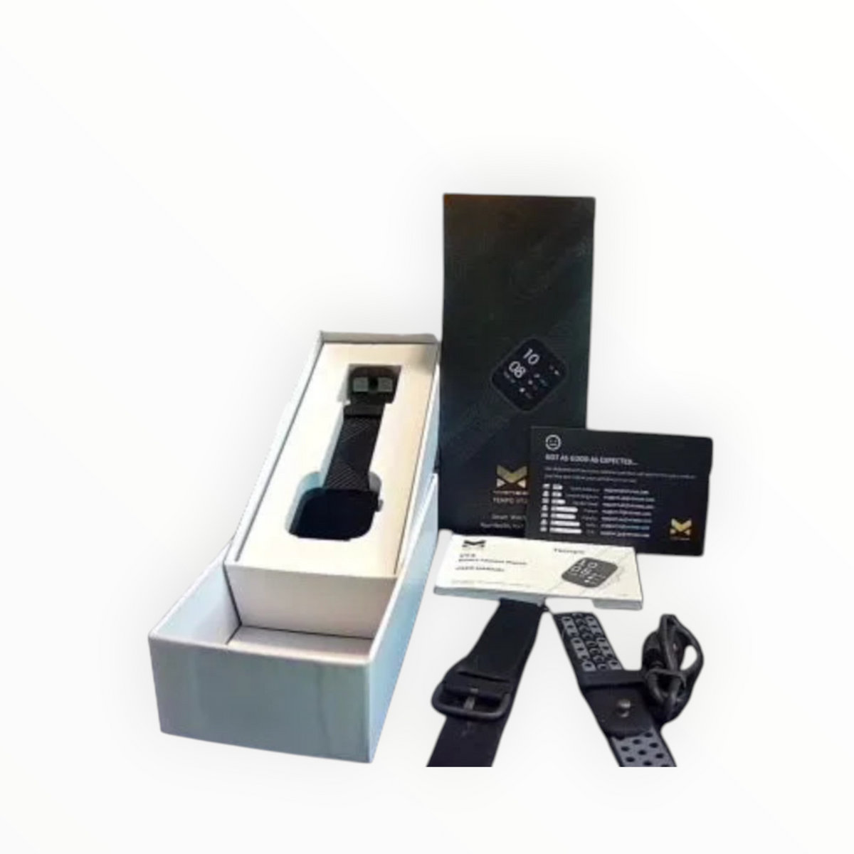 dealman VIRMGE Tempo VT3 smart watch in black with packaging, charging cable, and user manual