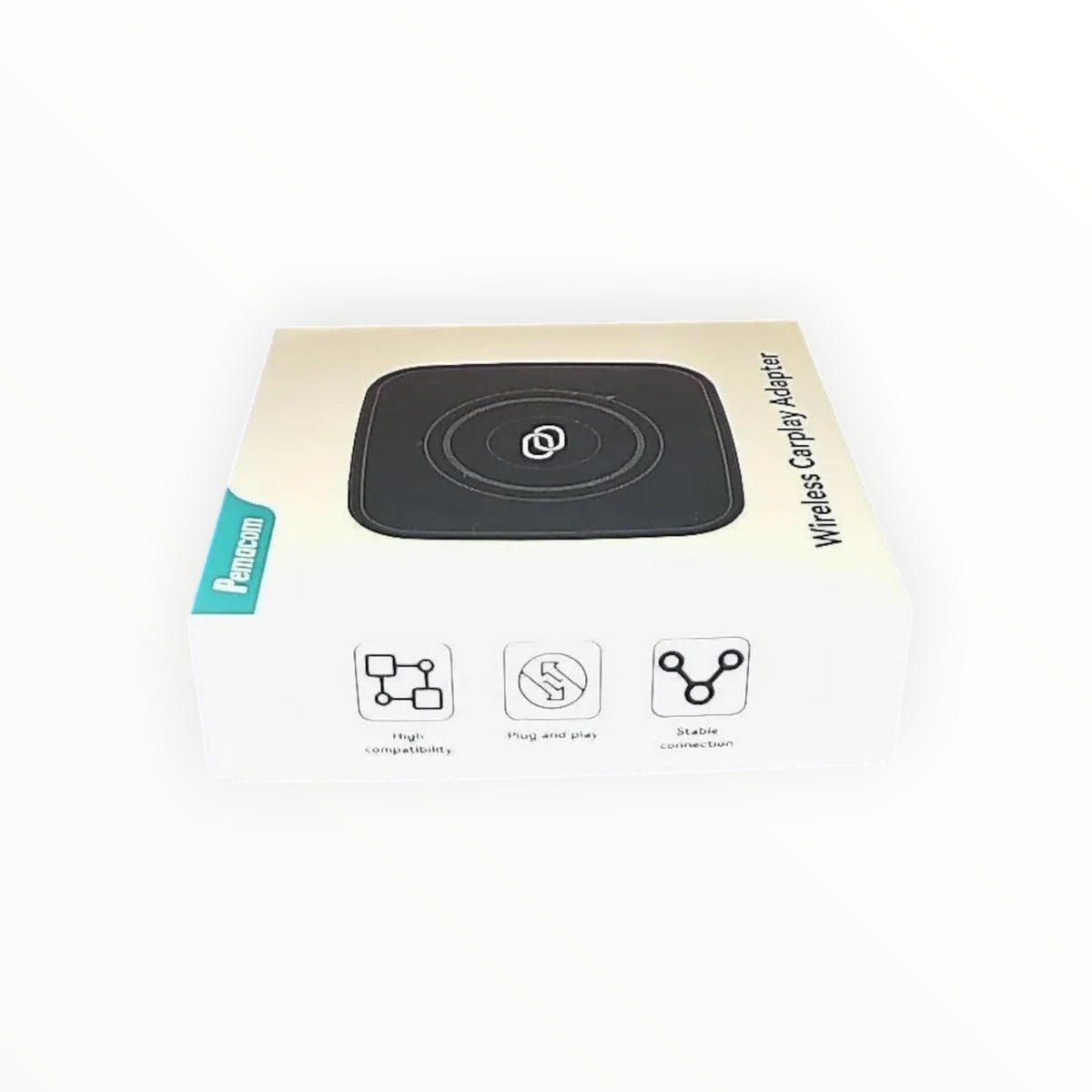 dealman Pemacom wireless CarPlay adapter in white retail packaging with product features displayed on the side